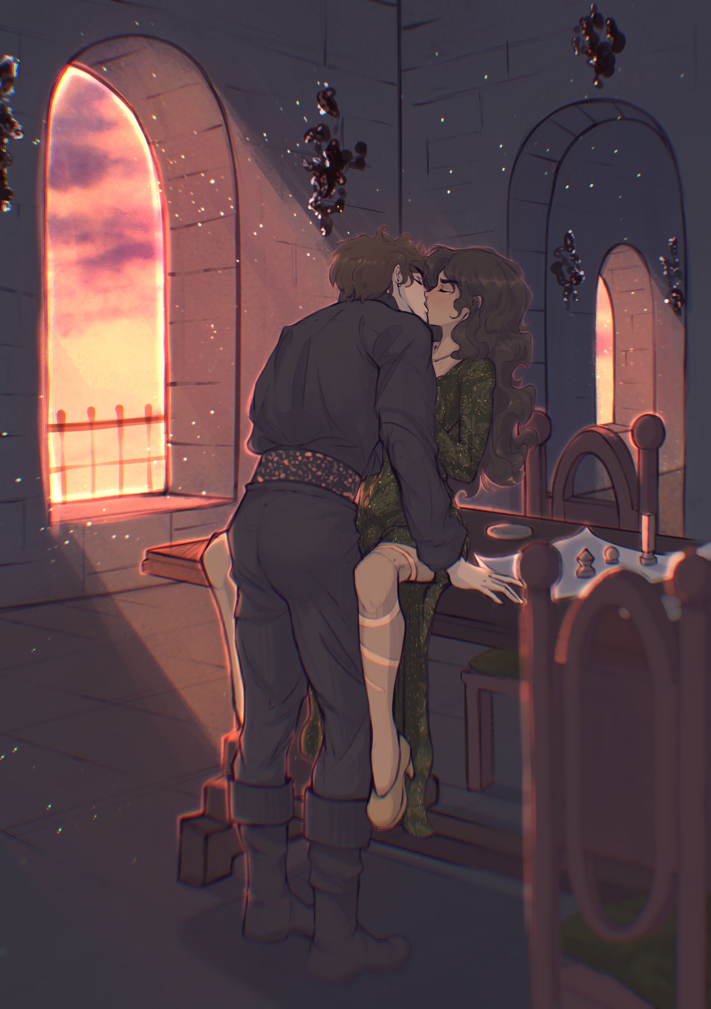 Lovers kissing by an arched window at sunset