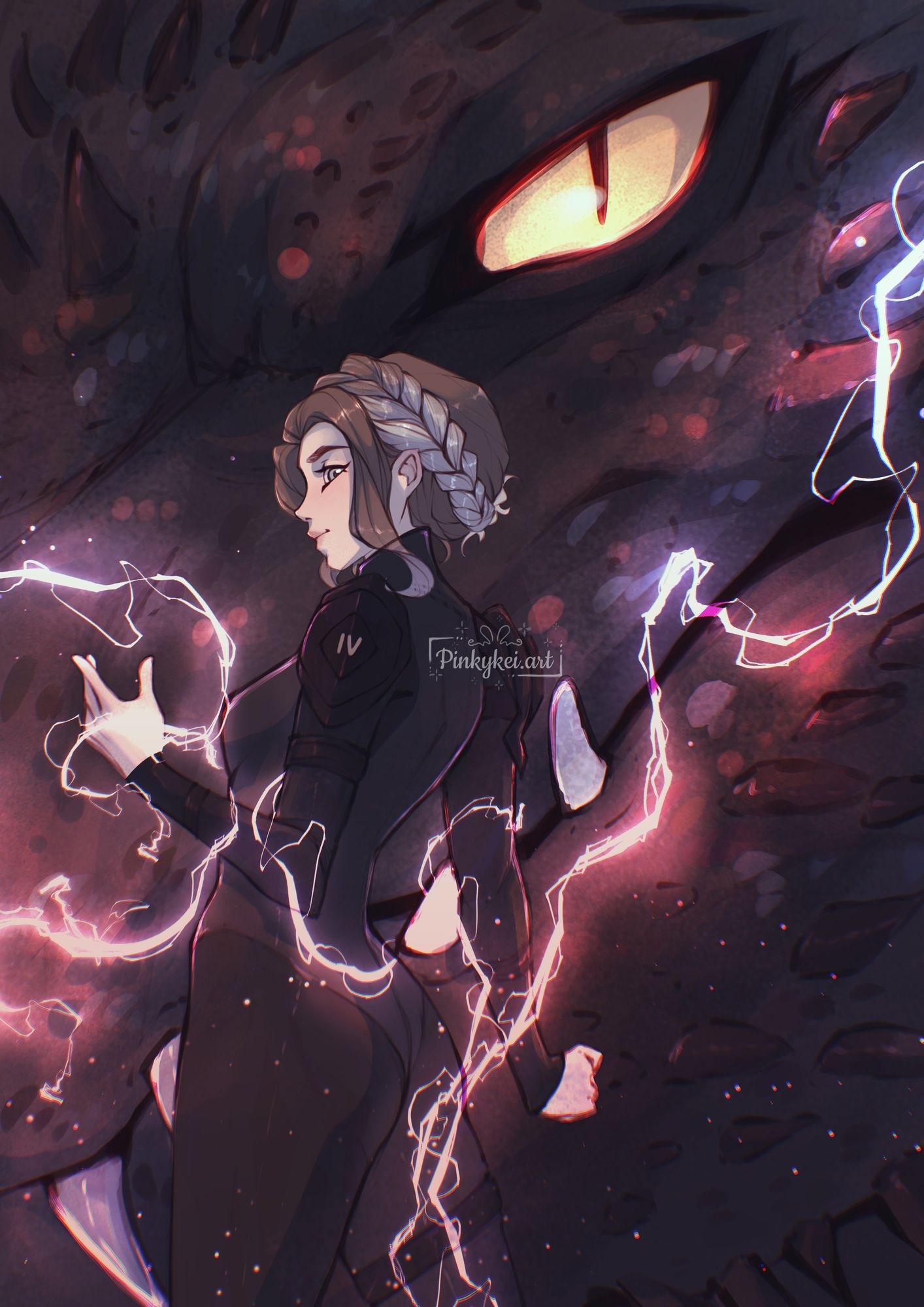 Sorceress wielding lightning before a great dragon