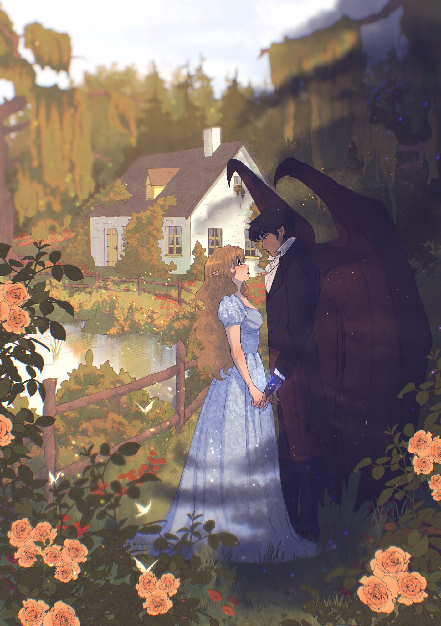 Winged suitor and a maiden in a rose garden