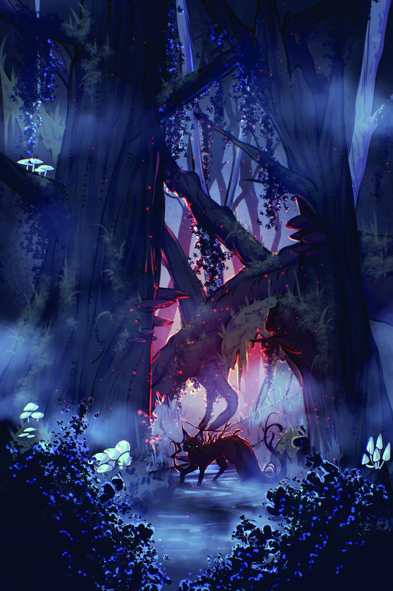 Antlered fox spirit in an enchanted forest